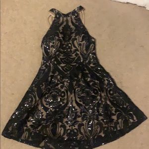 Minuet dress, halter top, sparkly black and nude
